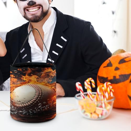 Halloween Trick Or Treat Bags With Handles Collapsible Candy Bucket Reusable Fire Water Baseball Ball Printed Goody Bucket For Holiday Party Gifts - color: Fire Water Baseball Ball