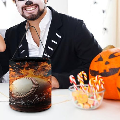 Halloween Trick Or Treat Bags With Handles Collapsible Candy Bucket Reusable Fire Water Baseball Ball Printed Goody Bucket For Holiday Party Gifts - color: Fire Water Baseball Ball