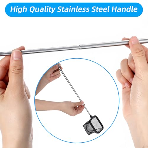 Aquarium Shrimp Net, 3 PCS Small Fish Nets for Fish Tank with Long Extendable Stainless Steel Handle, 3.15 Inch Round+Square Fine Mesh Net for Fishes Shrimp Tank Pond Creek Food Residue Debris