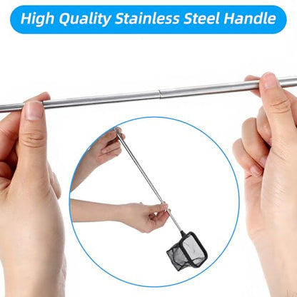 Aquarium Shrimp Net, 3 PCS Small Fish Nets for Fish Tank with Long Extendable Stainless Steel Handle, 3.15 Inch Round+Square Fine Mesh Net for Fishes Shrimp Tank Pond Creek Food Residue Debris