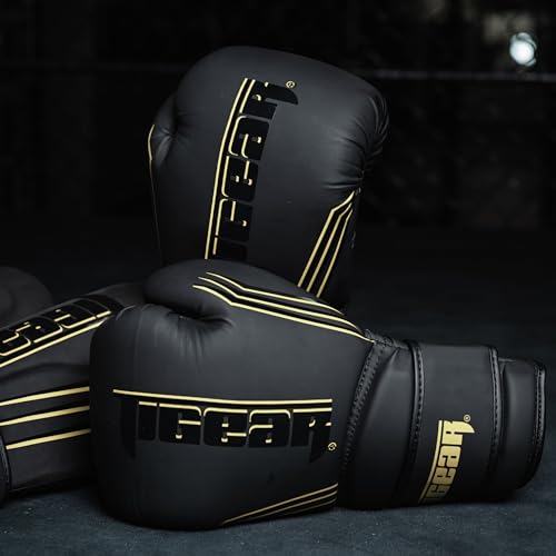 Tigear Surge Pro Boxing Gloves for Men Women & Kids | Engineered Leather Muay Thai Gloves, MMA Gear, Kickboxing Heavy Bag Training and Sparring - color: Black/Gold, size: 14 oz
