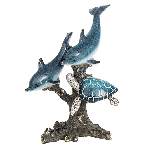 Dolphins and Sea Turtle Swimming on Coral Reef – Ocean Figurine Coastal Tabletop Decor | Sea Life Sculpture Beach House Nautical Room Accents (10.75 x 9.5 in) by Corner Merchant - color: Marine Blue