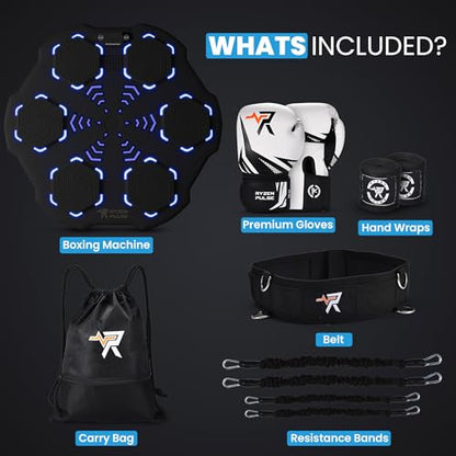 2025 Smart Music Boxing Machine Kit with Resistance Bands, Premium Gloves, & Carry Bag - Wall-Mounted Bluetooth Boxing Trainer for Cardio, Strength, & Full-Body Fitness - Home, Office, Gym Use