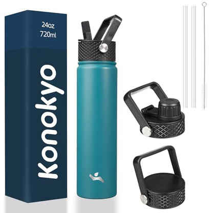 Konokyo 24 oz Insulated Stainless Steel Water Bottle with Straw Lid - color: Light Blue, size: 24 Ounces