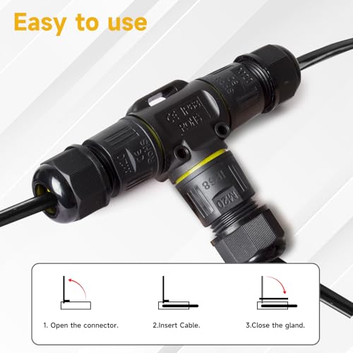 5 PCS IP68 Waterproof Cable Connectors, T-Shape Junction Box 3-Pin Earth Cable Connection Sleeve for Ø5-12mm Cable Diameter, Nylon Material