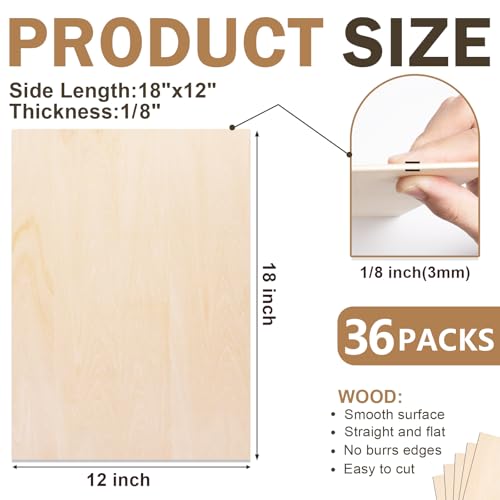 36 Pack Basswood Sheets for Crafts,18"x12"x1/8" 3mm Thick Plywood Sheets with Smooth Surfaces-Unfinished Squares Wood Boards for Laser Cutting, Wood Burning, Architectural Models, Staining - size: 36 Pack -18X12X1/8 Inch