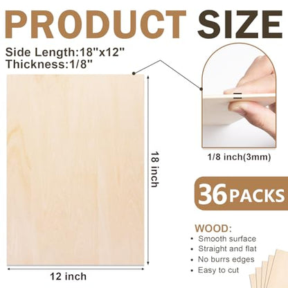 36 Pack Basswood Sheets for Crafts,18"x12"x1/8" 3mm Thick Plywood Sheets with Smooth Surfaces-Unfinished Squares Wood Boards for Laser Cutting, Wood Burning, Architectural Models, Staining - size: 36 Pack -18X12X1/8 Inch