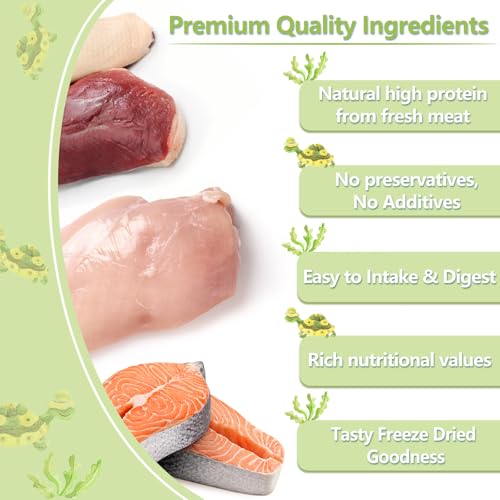 Turtle Food 5.7 OZ Natural Freeze-Dried Meat - Chicken, Duck, Salmon - Premium Food for Turtles, Box Turtle, Aquatic Turtle, Baby Turtles, Freeze Dried Turtle Treats