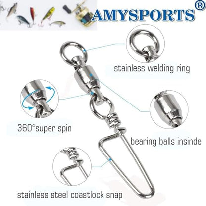 AMYSPORTS High Strength Fishing Snap Swivels - Stainless Steel Ball Bearing Swivels - Saltwater & Freshwater Fishing - size: Size 5+5 (121lb) 25 pcs