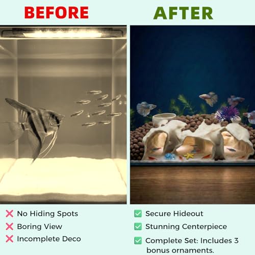 Large Aquarium Tunnel & Cave (9.5" L), 3D Printed Substrate Viewer Fish Hideout with Wide Top Entrances, Tank Decor for Small Fish, Corydoras, Betta & Shrimp- Set with 3 Mini Accessories (Yellow)