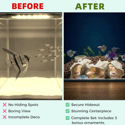 Large Aquarium Tunnel & Cave (9.5" L), 3D Printed Substrate Viewer Fish Hideout with Wide Top Entrances, Tank Decor for Small Fish, Corydoras, Betta & Shrimp- Set with 3 Mini Accessories (Yellow)