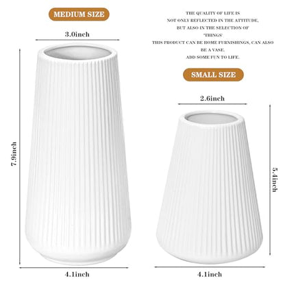 White Ceramic Vase, GUKJOB Small Cute Flower Vase for Pampas Grass, Home, Living Room, Dining Table, Farmhouse, Office Decor, Bedroom, Table, and Kitchen Shelf (White- 2PCS)