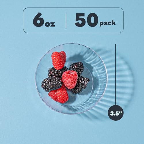 PLASTICPRO 50 Pack Small Plastic Bowls Crystal Like 6 oz Bowls Elegant Clear Plastic Bowls for Party and Occasions - size: 6 OUNCE BOWLS