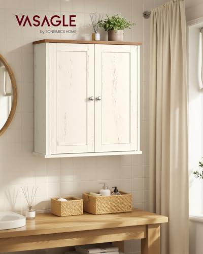VASAGLE Siren Collection - Bathroom Wall Cabinet, Hanging Bathroom Storage Cabinet, for Medicines, Farmhouse, 2 Adjustable Shelves, 7.9 x 22 x 23.6 Inches, Rustic White and Honey Brown UBBK330WJ01S - color: Rustic White, style: 2Doors(22"W)
