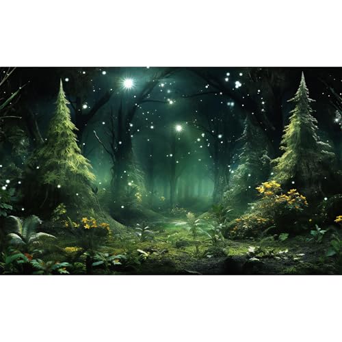 Fantasy Forest Aquarium Background Foggy Mystical Dark Forests Fish Tank Background Scenic Tranquil Stars Enchanted Forest Terrarium Backgrounds Fairy Tale Forests Reptile Tank Backgrounds 24x12in - color: Black_Green, size: 24(W)x12(H)in
