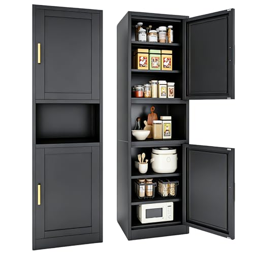 67" H Metal Tall Narrow Storage Cabinet, Freestanding Floor Cabinet with 2 Doors and Adjustable Shelves, Pantry Storage Cabinets for Bathroom, Living Room, Entryway and Kitchen (Black) - color: Black, size: 19.69W