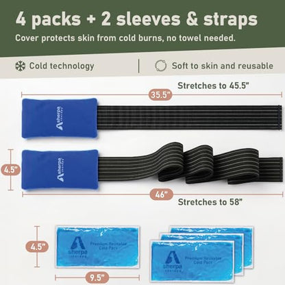Flexible Cold Gel Pack with Straps, 9.5" x 4.5", 4 Pack | Soft gel ice pack for injuries reusable, recovery, with hands-free strap, medical grade knee, back, neck, wrist, hand - style: ColdWithStrap