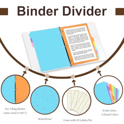 5-tabs 6 Set Binder Dividers with Tabs,Plastic Index with Label,Colored Tab Dividers for 3 Ring Binder (Total 30 Pcs)