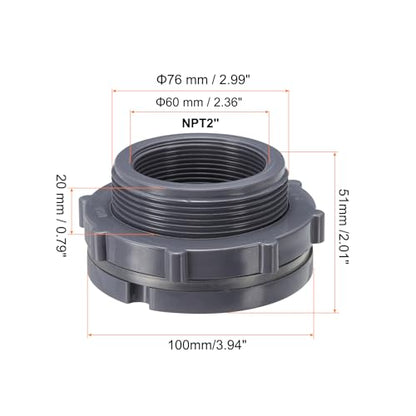 PATIKIL PVC Bulkhead Fitting NPT2", Bulkhead Water Tank Connector with Silicone Seal Gasket Garden Hose Fitting for Rain Bucket, Sinks, Aquariums, Gray