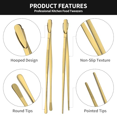 DEHOV 12 Inch Gold Stainless Steel Kitchen Tweezers For Cooking Tongs Set of 2, Metal Long Food Tweezers, BBQ Grill Tongs For Pasta