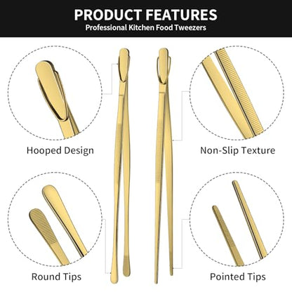 DEHOV 12 Inch Gold Stainless Steel Kitchen Tweezers For Cooking Tongs Set of 2, Metal Long Food Tweezers, BBQ Grill Tongs For Pasta