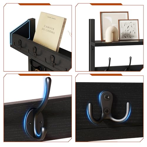 YMYNY 31.5" Coat and Key Rack Wall Mount with Shelf, Black, HWS007B-2 | 4-in-1 Coat and Key Hanger with 12 Metal Hooks, Entryway Wall Shelf with Hooks & Mail Holder for Living Room, Bedroom - color: Black, size: 31.5" - 4-in-1