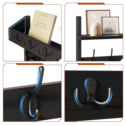 YMYNY 31.5" Coat and Key Rack Wall Mount with Shelf, Black, HWS007B-2 | 4-in-1 Coat and Key Hanger with 12 Metal Hooks, Entryway Wall Shelf with Hooks & Mail Holder for Living Room, Bedroom - color: Black, size: 31.5" - 4-in-1