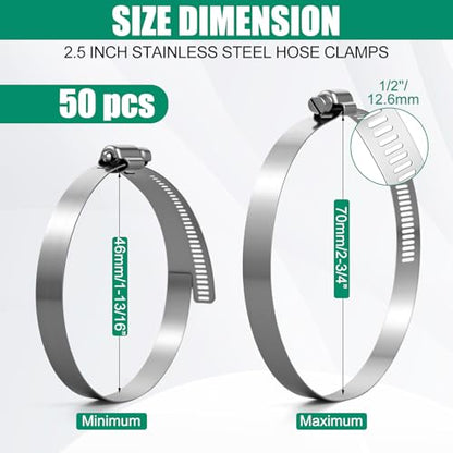50 Pack 2.5 Inch Stainless Steel Hose Clamps Adjustable 1-13/16" to 2-3/4" 46-70 mm Worm Gear Clamps Duct Clamp for Automotive Fuel Line Air Duct Dryer Vent Plumbing Industrial Use