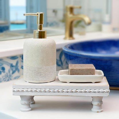 Wood Tray Pedestal Stand, Waterproof Bathroom Counter Organizer, Modern Farmhouse Riser for Soap/Candle/Sponge White Small