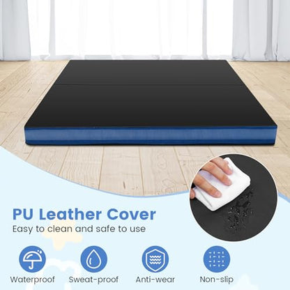 GYMAX 4' x 4' Folding Gymnastics Mat, 4" Thick Bi-Fold Exercise Tumbling Mat w/Carrying Handles, PU Leather Cover, Home Gym Mat for Aerobics Workout, Yoga, Stretching - color: Black