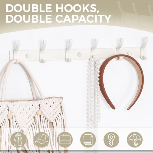 Wall Mount Coat Rack 1 Pack, White Coat Hooks Hanger with 6 Double Hooks - color: White, size: 1 Pack(6 hooks)