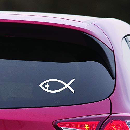 Transparent Decal Stickers of Religion Fish Christian Cross (White) Premium Waterproof Vinyl Decal Stickers for Laptop Phone Accessory Helmet Car Window Mug Tuber Cup Door Wall Decora ANDauto036040WH