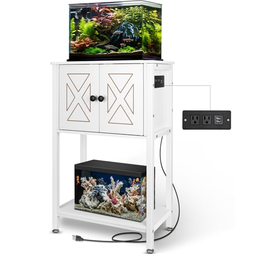 5-10 Gallon Fish Tank Stand, Heavy Duty Aquarium Stand with Cabinet & Power Outlets for Fish Tank Accessories Storage, Double Reptile Terrarium Stand 20.5" L* 11" W Tabletop, White