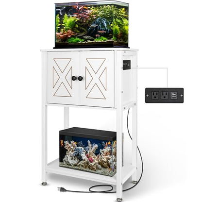 5-10 Gallon Fish Tank Stand, Heavy Duty Aquarium Stand with Cabinet & Power Outlets for Fish Tank Accessories Storage, Double Reptile Terrarium Stand 20.5" L* 11" W Tabletop, White