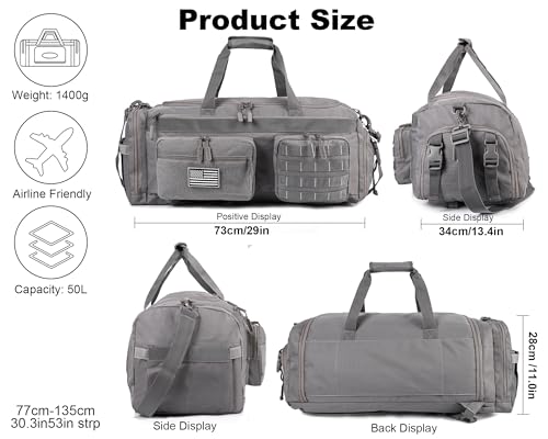 LHI 50L Tactical Duffle Bag for Men, 3-in-1 Gym Duffle and Backpack, Shoe Compartment, Laptop Sleeve and MOLLE, Carry-On Travel Weekender and Overnight Bag – Gray - color: Gray