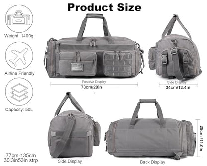 LHI 50L Tactical Duffle Bag for Men, 3-in-1 Gym Duffle and Backpack, Shoe Compartment, Laptop Sleeve and MOLLE, Carry-On Travel Weekender and Overnight Bag – Gray - color: Gray