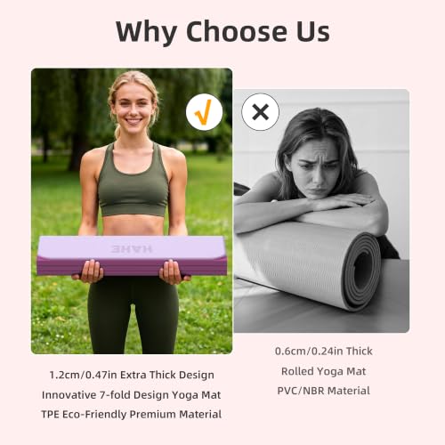 HAHE 7-Fold Design Extra Thick Yoga Mat 72"L x 24"W x 0.47", TPE | Fitness Exercise Mats, Non-Slip Foldable Yoga Mat, High Density, Portable for Men & Women, Yoga, Pilates, Home Gym - color: Deep Pink & Light Pink