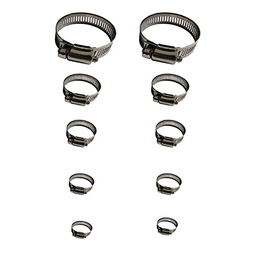 Hose Clamp, 10 Pack 304 Stainless Steel Adjustable 6-51mm Range Worm Gear Hose Clamp, Fuel Pipe Clamps for Automobiles, Pipelines and Mechanical Application