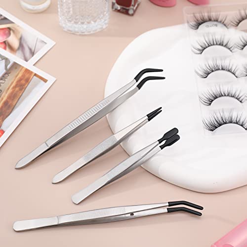 DragonflyDreams 4 Pieces Tweezers with Rubber PVC Coated Set, Straight Tip Tweezers Rubber Flat Tip Long Bent Tweezer for Crafts Stamps Beads Jewelry Tools (Rubber Tweezer)