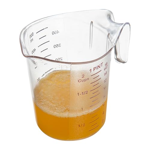 Restaurantware RW Base 1 Pint Measuring Jar 1 Durable Measuring Beaker - Metric And Imperial Units V-Shaped Spout Clear Plastic Measuring Cup Handle With Thumb-Grip Tolerates Up To 248F - color: Clear, size: 5.25" × 3.75" × 5.00"