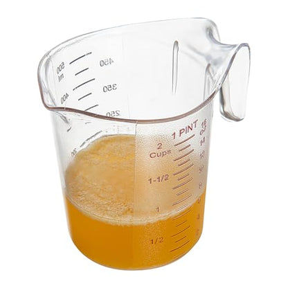 Restaurantware RW Base 1 Pint Measuring Jar 1 Durable Measuring Beaker - Metric And Imperial Units V-Shaped Spout Clear Plastic Measuring Cup Handle With Thumb-Grip Tolerates Up To 248F - color: Clear, size: 5.25" × 3.75" × 5.00"