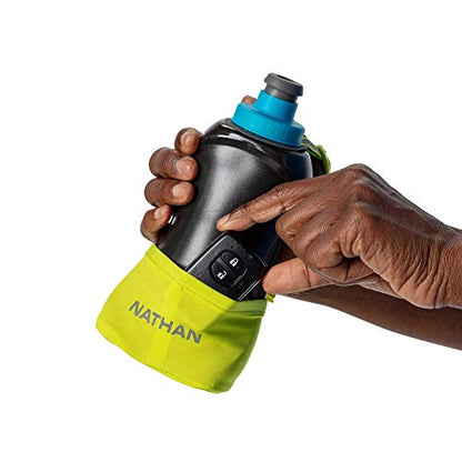 Nathan Running Handheld Water Bottle Adjustable No-Grip Quick Squeeze Lite Hand Strap. Reflective Hydration - color: Finish Lime / Blue Me Away, style: 18oz