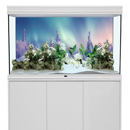 YongFoto Winter Snow Scene Fish Tank Background 30x12 inch Snowfield Pine Forest Rime Starry Sky Aurora Polyester Backdrop Reptile Habitat Terrarium Bearded Dragon Aquarium Background