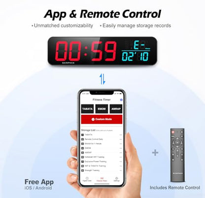 15.2" Gym Timer, App & Remote Control, Customizable LED Colors, Gym Clock | Stopwatch, Countdown, Count-up, Temperature, Date, Large Digital Wall Clokc for Home Gym Garage Office