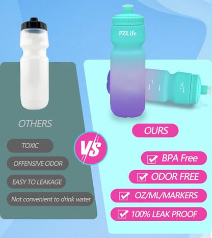 Bike Water Bottle, Squeeze Water Bottle Leakproof BPA Free 24oz | with Capacity Scale w/Pull Top Lid, Reusable, for Bicycle, Gym,Camping, Hiking - color: Green pink