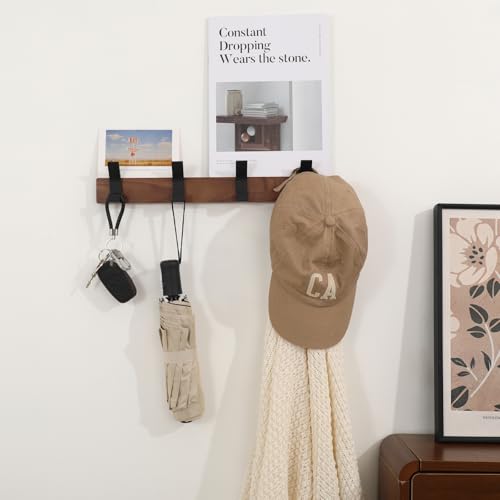 Coat Rack Wall Mount - 15.7 Inches Walnut Wood Coat Hooks Coat Rack Wall Mount with 4 Hooks Black Aluminum Coat Hooks for Hanging Coat Hat Bag Hat Rustproof Coat Hanger - size: 4 Hooks