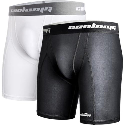 COOLOMG 2-Pack Youth Boys Compression Shorts with Cup Pocket Baseball - color: Black&white, size: X-Small