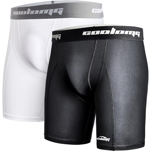 COOLOMG 2-Pack Youth Boys Compression Shorts with Cup Pocket Baseball - color: Black&white, size: Large