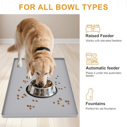 Pet Food Mat Waterproof Dog Mat 24”x16” Large – 0.5” inch Raised Edge,Pet Silicone Feeding Placemat Water Bowl Tray for Floors, Nonslip Washable Dog Mat for Food and Water