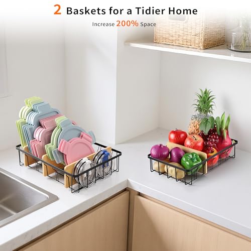 2-Pack Adjustable Lid Organizers - Large Kitchen Cabinet Organizer for Food Storage Container and Tumbler Cup Lids with 6 Bamboo Dividers -Organizers in Kitchen/Pantry/Laundry Room(Size:M+L)